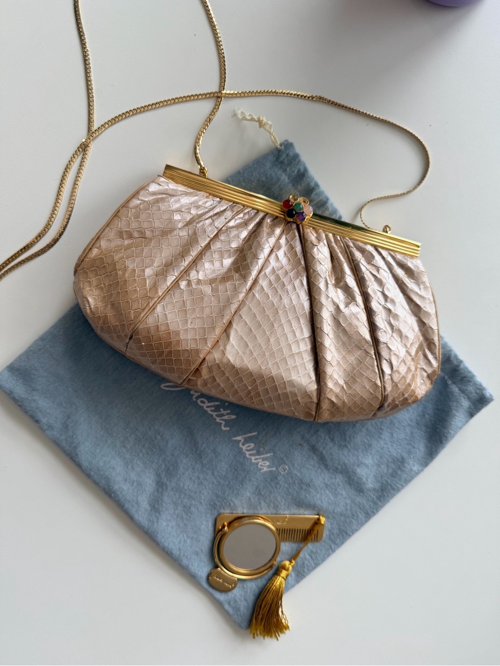 Judith Lieber, Pitón skin Blush Metallic Pleated Evening Clutch with Gold Chain
